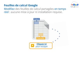 Feuilles de calcul Google
Modifiez des feuilles de calcul partagées en temps
réel : aucune mise à jour ni installation requise.
Cliquez ici
pour essayer
 
