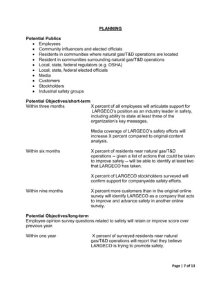 PLANNING

Potential Publics
   • Employees
   • Community influencers and elected officials
   • Residents in communities where natural gas/T&D operations are located
   • Resident in communities surrounding natural gas/T&D operations
   • Local, state, federal regulators (e.g. OSHA)
   • Local, state, federal elected officials
   • Media
   • Customers
   • Stockholders
   • Industrial safety groups

Potential Objectives/short-term
Within three months             X percent of all employees will articulate support for
                                 LARGECO’s position as an industry leader in safety,
                                including ability to state at least three of the
                                organization’s key messages.

                                 Media coverage of LARGECO’s safety efforts will
                                 increase X percent compared to original content
                                 analysis.

Within six months                X percent of residents near natural gas/T&D
                                 operations -- given a list of actions that could be taken
                                 to improve safety -- will be able to identify at least two
                                 that LARGECO has taken.

                                 X percent of LARGECO stockholders surveyed will
                                 confirm support for companywide safety efforts.

Within nine months               X percent more customers than in the original online
                                 survey will identify LARGECO as a company that acts
                                 to improve and advance safety in another online
                                 survey.

Potential Objectives/long-term
Employee opinion survey questions related to safety will retain or improve score over
previous year.

Within one year                   X percent of surveyed residents near natural
                                 gas/T&D operations will report that they believe
                                 LARGECO is trying to promote safety.



                                                                              Page | 7 of 13
 