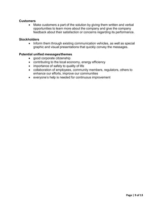 Customers
     • Make customers a part of the solution by giving them written and verbal
        opportunities to learn more about the company and give the company
        feedback about their satisfaction or concerns regarding its performance.

Stockholders
     • Inform them through existing communication vehicles, as well as special
        graphic and visual presentations that quickly convey the messages.

Potential unified messages/themes
      • good corporate citizenship
      • contributing to the local economy, energy efficiency
      • importance of safety to quality of life
      • collaboration of employees, community members, regulators, others to
          enhance our efforts, improve our communities
      • everyone’s help is needed for continuous improvement




                                                                          Page | 9 of 13
 