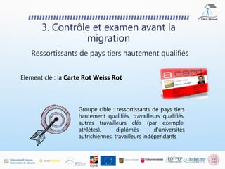 Elément clé : la Carte Rot Weiss Rot
3. Contrôle et examen avant la
migration
Ressortissants de pays tiers hautement qualifiés
Groupe cible : ressortissants de pays tiers
hautement qualifiés, travailleurs qualifiés,
autres travailleurs clés (par exemple,
athlètes), diplômés d'universités
autrichiennes, travailleurs indépendants
 