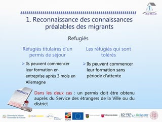 1. Reconnaissance des connaissances
préalables des migrants
Réfugiés titulaires d'un
permis de séjour
 Ils peuvent commencer
leur formation en
entreprise après 3 mois en
Allemagne
Les réfugiés qui sont
tolérés
Ils peuvent commencer
leur formation sans
période d'attente
Refugiés
Dans les deux cas : un permis doit être obtenu
auprès du Service des étrangers de la Ville ou du
district
 