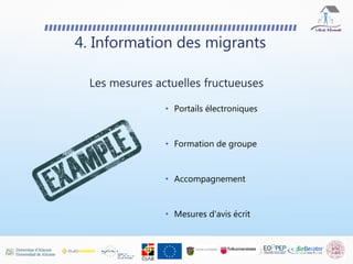 • Portails électroniques
• Formation de groupe
• Accompagnement
• Mesures d'avis écrit
4. Information des migrants
Les mesures actuelles fructueuses
 