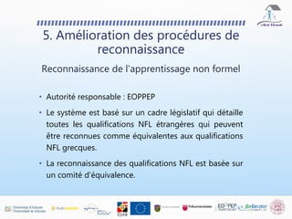 • Autorité responsable : EOPPEP
• Le système est basé sur un cadre législatif qui détaille
toutes les qualifications NFL étrangères qui peuvent
être reconnues comme équivalentes aux qualifications
NFL grecques.
• La reconnaissance des qualifications NFL est basée sur
un comité d'équivalence.
5. Amélioration des procédures de
reconnaissance
Reconnaissance de l'apprentissage non formel
 