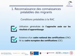 1. Reconnaissance des connaissances
préalables des migrants
Utilisation généralisée de l'approche axée sur les
résultats d'apprentissage
Existence d'un cadre national des certifications (CNC)
lié au cadre européen des certifications (CEC)
Conditions préalables à la RAC
 