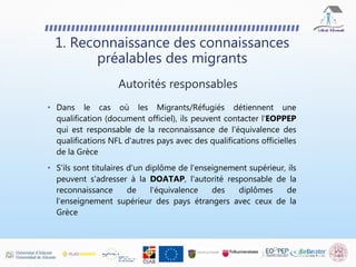 • Dans le cas où les Migrants/Réfugiés détiennent une
qualification (document officiel), ils peuvent contacter l'EOPPEP
qui est responsable de la reconnaissance de l'équivalence des
qualifications NFL d'autres pays avec des qualifications officielles
de la Grèce
• S'ils sont titulaires d'un diplôme de l'enseignement supérieur, ils
peuvent s'adresser à la DOATAP, l'autorité responsable de la
reconnaissance de l'équivalence des diplômes de
l'enseignement supérieur des pays étrangers avec ceux de la
Grèce
1. Reconnaissance des connaissances
préalables des migrants
Autorités responsables
 