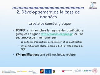 • EOPPEP a mis en place le registre des qualifications
grecques en ligne : http://proson.eoppep.gr, où l'on
peut trouver de l'information sur :
• Le système d'éducation, de formation et de qualification
• Les certifications classées dans le CQH et référencées au
CQE
• 674 qualifications sont déjà inscrites au registre
2. Développement de la base de
données
La base de données grecque
 