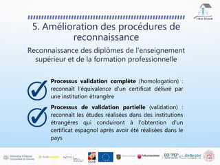 5. Amélioration des procédures de
reconnaissance
Reconnaissance des diplômes de l'enseignement
supérieur et de la formation professionnelle
Processus validation complète (homologation) :
reconnaît l'équivalence d'un certificat délivré par
une institution étrangère
Processus de validation partielle (validation) :
reconnaît les études réalisées dans des institutions
étrangères qui conduiront à l'obtention d'un
certificat espagnol après avoir été réalisées dans le
pays
 