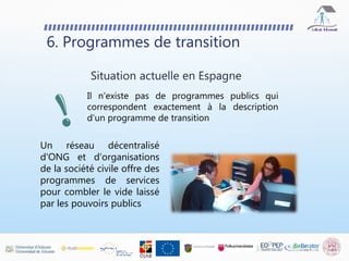 6. Programmes de transition
Situation actuelle en Espagne
Il n'existe pas de programmes publics qui
correspondent exactement à la description
d'un programme de transition
Un réseau décentralisé
d'ONG et d'organisations
de la société civile offre des
programmes de services
pour combler le vide laissé
par les pouvoirs publics
 