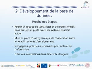 • Réunir un groupe de spécialistes et de professionnels
pour dresser un profil précis du système éducatif
actuel
• Mise en place d'une dynamique de coopération entre
les établissements d'enseignement
• S'engager auprès des intervenants pour obtenir de
l'information
• Offrir ces informations dans différentes langues
2. Développement de la base de
données
Prochaines étapes
 