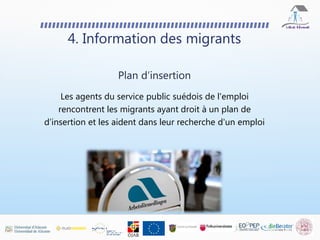 Les agents du service public suédois de l'emploi
rencontrent les migrants ayant droit à un plan de
d’insertion et les aident dans leur recherche d'un emploi
4. Information des migrants
Plan d’insertion
 