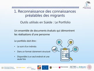 Un ensemble de documents évalués qui démontrent
les réalisations d'une personne
Outils utilisés en Sùède : Le Portfolio
1. Reconnaissance des connaissances
préalables des migrants
Le portfolio doit être :
• Le suivi d'un individu
• Dans un format clairement structuré
• Disponible à un seul endroit et une
seule fois
 