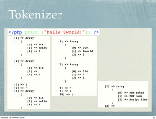 Tokenizer
       <?php print ("hello $world!"); ?>
             [1] => Array
                 (                   [6] => Array
                     [0] => 266          (
                     [1] => print            [0] => 309
                     [2] => 1                [1] => $world
                 )                           [2] => 1
                                         )
             [2] => Array
                 (                   [7] => Array
                     [0] => 370          (
                     [1] =>                  [0] => 314
                     [2] => 1                [1] => !
                 )                           [2] => 1
                                         )
             [3] => (
                                                             [1] => Array
             [4] => "                [8] => "
                                                                 (
             [5] => Array            [9] => )
                                                                      [0] => PHP token
                 (                   [10] => ;
                                                                      [1] => PHP code
                      [0] => 314
                                                                      [2] => Script line
                      [1] => hello
                                                                 )
                      [2] => 1
                                                             [2] => "
                 )


vendredi 13 novembre 2009                                                                  21
 