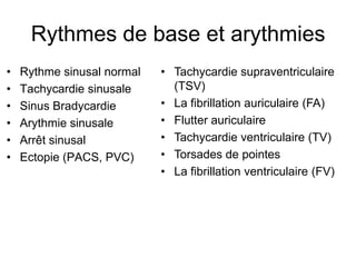 Rythmes de base et arythmies
•   Rythme sinusal normal   • Tachycardie supraventriculaire
•   Tachycardie sinusale      (TSV)
•   Sinus Bradycardie       • La fibrillation auriculaire (FA)
•   Arythmie sinusale       • Flutter auriculaire
•   Arrêt sinusal           • Tachycardie ventriculaire (TV)
•   Ectopie (PACS, PVC)     • Torsades de pointes
                            • La fibrillation ventriculaire (FV)
 