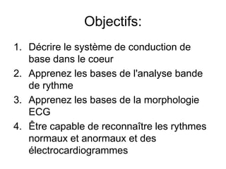Objectifs:
1. Décrire le système de conduction de
   base dans le coeur
2. Apprenez les bases de l'analyse bande
   de rythme
3. Apprenez les bases de la morphologie
   ECG
4. Être capable de reconnaître les rythmes
   normaux et anormaux et des
   électrocardiogrammes
 