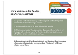 Die Qualität der Kundenbeziehung wird imVergleich zur Produktqualität
unterschätzt: Kaufentscheidungen werden
zu 80% irrational und nur zu 20 % mit demVerstand getroffen.
Bei Neukunden spielt derVertrauensaufbau die entscheidende Rolle, ob ein
Auftrag erteilt wird oder nicht. Kundennähe ist daher der bestimmende
Erfolgsfaktor für die neue Kundenbeziehung.
Bei Bestandskunden sind Kundenzufriedenheit und Kundenbindung im Auge zu
behalten, damit Folgeaufträge kommen und der Wettbewerb auf Distanz
gehalten werden kann.
OhneVertrauen des Kunden
keinVertragsabschluss
14
 