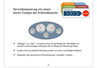 Vertriebssteuerung mit einem
klaren Cockpit der Frühindikatoren
❖ „Weniger“ ist „mehr“ : es kommt nicht auf dieVielzahl der Kennzahlen an,
sondern auf die wenigen, relevanten, die im Alltag auch Beachtung ﬁnden.
❖ Es geht nicht um perfekte Messung, sondern um einen vernünftigen Indikator.
❖ Akzeptanz über gemeinsame Entwicklung des „Cockpits“ erzielen.
26
 