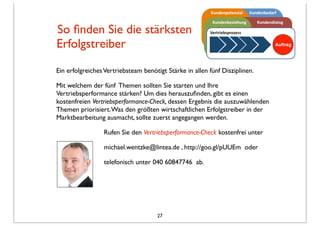 So ﬁnden Sie die stärksten
	

 Erfolgstreiber
Ein erfolgreichesVertriebsteam benötigt Stärke in allen fünf Disziplinen.
Mit welchem der fünf Themen sollten Sie starten und Ihre
Vertriebsperformance stärken? Um dies herauszuﬁnden, gibt es einen
kostenfreien Vertriebsperformance-Check, dessen Ergebnis die auszuwählenden
Themen priorisiert.Was den größten wirtschaftlichen Erfolgstreiber in der
Marktbearbeitung ausmacht, sollte zuerst angegangen werden.
Rufen Sie den Vertriebsperformance-Check kostenfrei unter
michael.wentzke@lintea.de , http://goo.gl/pUUEm oder
telefonisch unter 040 60847746 ab.
27
 