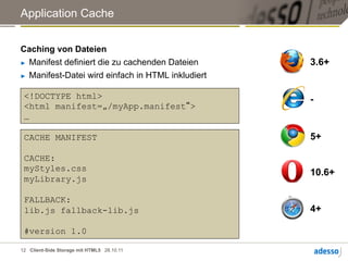 Application Cache


Caching von Dateien
►  Manifest definiert die zu cachenden Dateien      3.6+
►  Manifest-Datei wird einfach in HTML inkludiert


 <!DOCTYPE html>                                    -
 <html manifest=„/myApp.manifest“>
 …

 CACHE MANIFEST                                     5+

 CACHE:
 myStyles.css
                                                    10.6+
 myLibrary.js

 FALLBACK:
 lib.js fallback-lib.js                             4+

 #version 1.0

12 Client-Side Storage mit HTML5 28.10.11
 