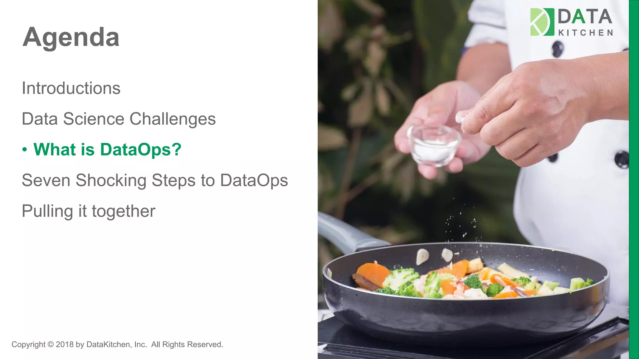 Copyright © 2018 by DataKitchen, Inc. All Rights Reserved.
Agenda
Introductions
Data Science Challenges
• What is DataOps?
Seven Shocking Steps to DataOps
Pulling it together
 