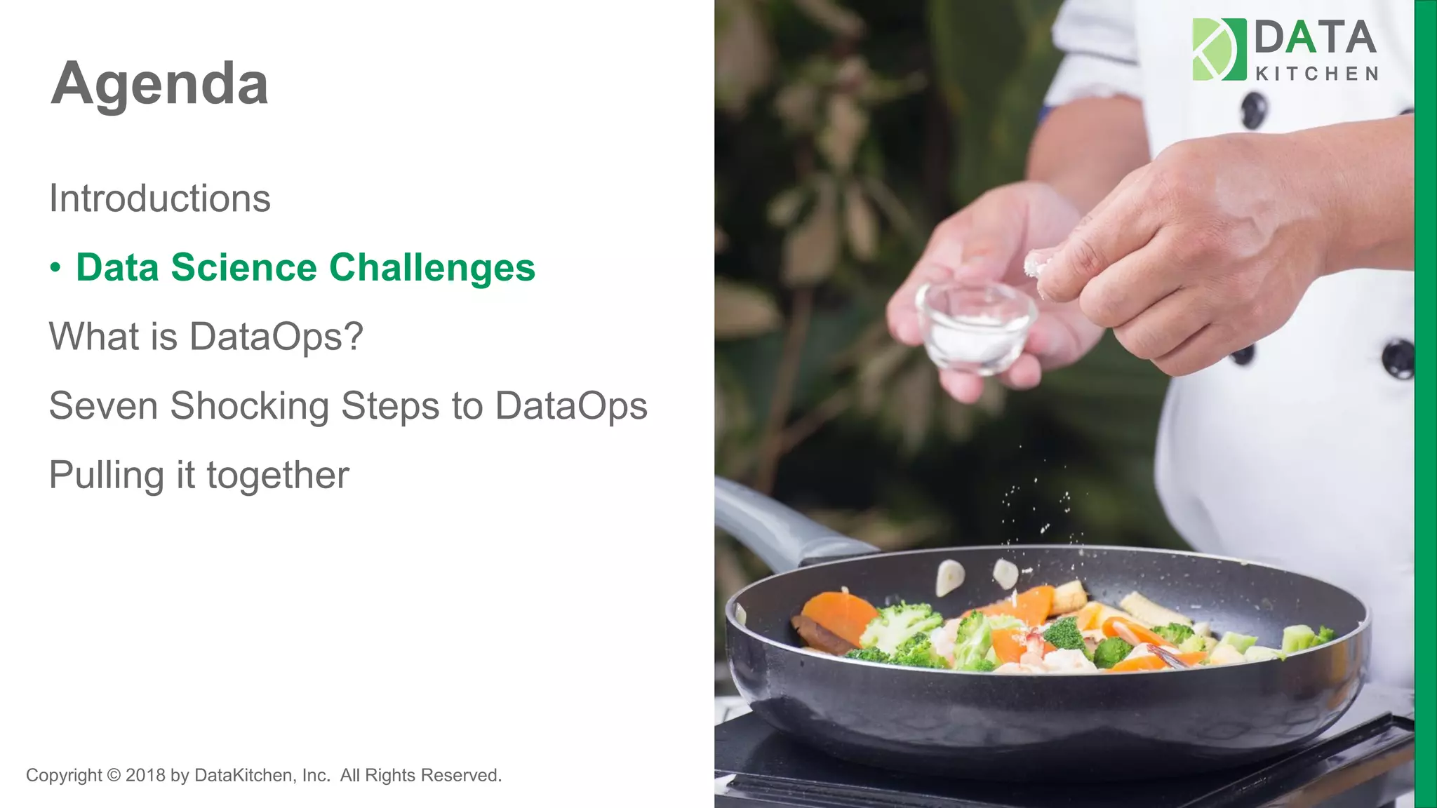 Copyright © 2018 by DataKitchen, Inc. All Rights Reserved.
Agenda
Introductions
• Data Science Challenges
What is DataOps?
Seven Shocking Steps to DataOps
Pulling it together
 