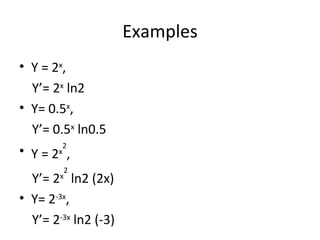 Examples Y = 2 x , Y’= 2 x  ln2 Y= 0.5 x , Y’= 0.5 x  ln0.5 Y = 2 x 2 , Y’= 2 x 2  ln2 (2x) Y= 2 -3x , Y’= 2 -3x  ln2 (-3) 
