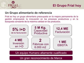Un Grupo alimentario de referencia Frial es hoy un grupo alimentario preocupado en la mejora permanente de la gestión empresarial, la innovación en los procesos productivos y en la búsqueda constante de la máxima calidad en los productos. El Grupo Frial hoy 5%  I+D de la facturación 4 ME   Inversión  en I+D 5 M Kg.   Capacidad Productiva 2   Fábricas con 6.000 m2  1 ME EBIDTA Un equipo Humano altamente cualificado Un gran reconocimiento de Marca 12,4 ME   Facturación 