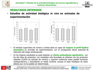 Actividad 7: Estudio de la actividad biológica de nuevos ingredientes y matrices alimentarias RESULTADOS OBTENIDOS Estudios de actividad biológica  in vivo  en animales de experimentación El extracto supercrítico de romero a ciertas dosis es capaz de  mejorar el perfil lipídico plasmático  en animales de experimentación, con el consiguiente efecto potencial de reducción del riesgo cardiovascular. En los órganos estudiados se pudo detectar un  efecto antioxidante significativo   con los dos lotes de productos. Los resultados más favorables se obtienen con los productos estandar (0,02% de extracto de romero) y suponen evidencias sobre posible funciones cardioprotectora y antioxidante en tejido cerebral, aunque la base fisiológica de estos efectos aun no ha podido ser determinada. 