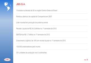 JBS S.A.

Fundada na década de 50 na região Centro-Oeste do Brasil


Realizou abertura de capital da Companhia em 2007


Líder mundial em produção de proteína animal


Receita Líquida de R$ 34,5 bilhões no 1º semestre de 2012


EBITDA de R$ 1,7 bilhão no 1º semestre de 2012


Crescimento orgânico de 18% em receita líquida no 1º semestre de 2012


135.000 colaboradores pelo mundo


301 unidades de produção nos 5 continentes


                                                                        PÁG.   3
 
