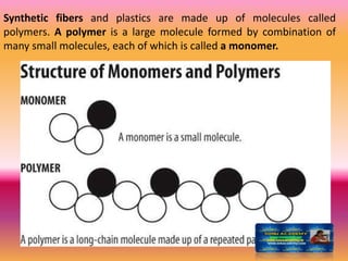Synthetic fibers and plastics are made up of molecules called
polymers. A polymer is a large molecule formed by combination of
many small molecules, each of which is called a monomer.
 
