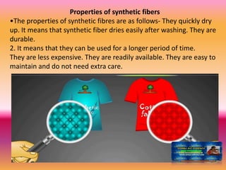 Properties of synthetic fibers
•The properties of synthetic fibres are as follows- They quickly dry
up. It means that synthetic fiber dries easily after washing. They are
durable.
2. It means that they can be used for a longer period of time.
They are less expensive. They are readily available. They are easy to
maintain and do not need extra care.
 