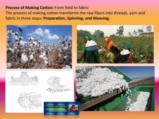 Process of Making Cotton: From field to fabric
The process of making cotton transforms the raw fibers into threads, yarn and
fabric in three steps: Preparation, Spinning, and Weaving.
 