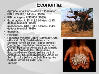 Economia: Agropecuária: Subsistência e Plantation. PIB: US$ 520,8 bilhões (1999).  PIB per capita: US$ 668 (1999).  Exportações: US$ 112,1 bilhões - 2,1% do total mundial (1999).  Importações: US$ 133,2 bilhões - 2,4% do total mundial (1999).  Indústria. Petróleo. Produção mineral: Cobre (Zâmbia); Ouro (África do Sul); Fosfato (Marrocos, Senegal, África do Sul, Togo e Tunísia);  Diamante  (República Democrática do Congo, Botsuana, África do Sul); Minério de ferro (África do Sul, Mauritânia); Bauxita (Guiné); Cromo (África do Sul, Zimbábue); Chumbo (Marrocos, África do Sul); Enxofre (África do Sul); Manganês (Gabão, África do Sul) (1999). Turismo. 