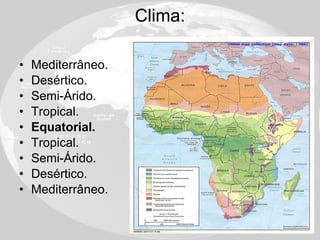 Clima: Mediterrâneo. Desértico. Semi-Árido. Tropical. Equatorial. Tropical. Semi-Árido. Desértico. Mediterrâneo. 