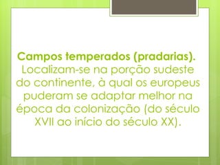 Campos temperados (pradarias).  Localizam-se na porção sudeste do continente, à qual os europeus puderam se adaptar melhor na época da colonização (do século XVII ao início do século XX). 