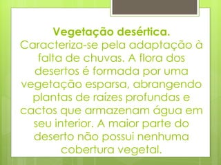 Vegetação desértica.  Caracteriza-se pela adaptação à falta de chuvas. A flora dos desertos é formada por uma vegetação esparsa, abrangendo plantas de raízes profundas e cactos que armazenam água em seu interior. A maior parte do deserto não possui nenhuma cobertura vegetal. 