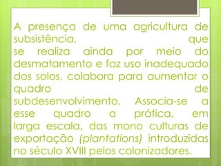 A presença de uma agricultura de subsistência, que se realiza ainda por meio do desmatamento e faz uso inadequado dos solos, colabora para aumentar o quadro de subdesenvolvimento. Associa-se a esse quadro a prática, em larga escala, das mono culturas de exportação  (plantations)  introduzidas no século XVIII pelos colonizadores. 