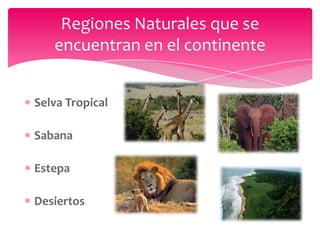 Regiones Naturales que se
   encuentran en el continente


Selva Tropical

Sabana

Estepa

Desiertos
 
