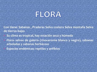 Con tiene: Sabanas , Praderas Selva costera Selva montaña Selva
de tierras bajas
  Su clima es tropical, hay estación seca y húmeda
  Flora: selvas de galería (rinoceronte blanco y negro), sabanas
  arboladas y sabanas herbáceas
  Especies endémicas: reptiles y anfibios
 