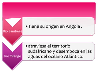 •Tiene su origen en Angola .
Río Zambeze



              •atraviesa el territorio
               sudafricano y desemboca en las
Río Orange     aguas del océano Atlántico.
 