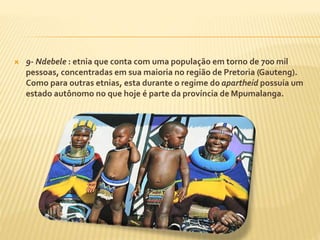  9- Ndebele : etnia que conta com uma população em torno de 700 mil 
pessoas, concentradas em sua maioria no região de Pretoria (Gauteng). 
Como para outras etnias, esta durante o regime do apartheid possuía um 
estado autônomo no que hoje é parte da província de Mpumalanga. 
 