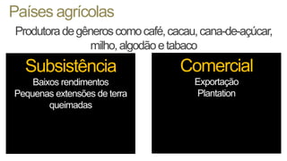 Países agrícolas
Produtoradegêneroscomocafé,cacau,cana-de-açúcar,
milho,algodãoetabaco
Subsistência
Baixos rendimentos
Pequenas extensões de terra
queimadas
Comercial
Exportação
Plantation
 