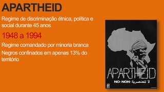 APARTHEID
Regime de discriminação étnica, política e
social durante 45 anos
1948 a 1994
Regime comandado por minoria branca
Negros confinados em apenas 13% do
território
 