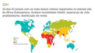 IDH
33 dos 43 países com os mais baixos índices registrados no planeta são
da África Subsaariana. Avaliam mortalidade infantil, esperança de vida,
analfabetismo, distribuição de renda
 