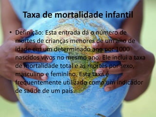 Taxa de mortalidade infantil
• Definição: Esta entrada dá o número de
mortes de crianças menores de um ano de
idade em um determinado ano por 1000
nascidos vivos no mesmo ano. Ele inclui a taxa
de mortalidade total e as mortes por sexo,
masculino e feminino. Esta taxa é
frequentemente utilizado como um indicador
de saúde de um país.
 