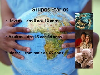 Grupos Etários
• Jovens – dos 0 aos 14 anos
• Adultos – dos 15 aos 64 anos
• Idosos – com mais de 65 anos
 