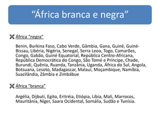 “África branca e negra”
 África “negra”
  Benin, Burkina Faso, Cabo Verde, Gâmbia, Gana, Guiné, Guiné-
  Bissau, Libéria, Nigéria, Senegal, Serra Leoa, Togo, Camarões,
  Congo, Gabão, Guiné Equatorial, República Centro-Africana,
  República Democrática do Congo, São Tomé e Príncipe, Chade,
  Burundi, Quênia, Ruanda, Tanzânia, Uganda, África do Sul, Angola,
  Botsuana, Lesoto, Madagascar, Malauí, Moçambique, Namíbia,
  Suazilândia, Zâmbia e Zimbábue

 África “branca”

  Argélia, Dijbuti, Egito, Eritréia, Etiópia, Líbia, Mali, Marrocos,
  Mauritânia, Níger, Saara Ocidental, Somália, Sudão e Tunísia.
 