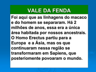 VALE DA FENDA
Foi aqui que as linhagens do macaco
e do homem se separaram. Há 2
milhões de anos, essa era a única
área habitada por nossos ancestrais.
O Homo Erectus partiu para a
Europa e a Ásia, mas os que
continuaram nessa região se
transformaram em Sapiens, que
posteriomente povoaram o mundo.
 