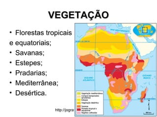 http://jografia.blogspot.com
VEGETAÇÃOVEGETAÇÃO
• Florestas tropicais
e equatoriais;
• Savanas;
• Estepes;
• Pradarias;
• Mediterrânea;
• Desértica.
 