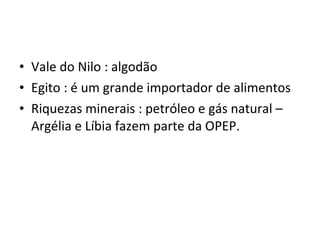 Vale do Nilo : algodão Egito : é um grande importador de alimentos Riquezas minerais : petróleo e gás natural – Argélia e Líbia fazem parte da OPEP. 