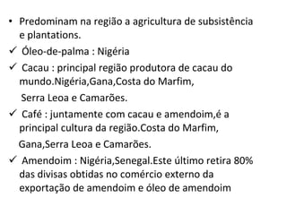 Predominam na região a agricultura de subsistência e plantations. Óleo-de-palma : Nigéria Cacau : principal região produtora de cacau do mundo.Nigéria,Gana,Costa do Marfim, Serra Leoa e Camarões. Café : juntamente com cacau e amendoim,é a  principal cultura da região.Costa do Marfim,  Gana,Serra Leoa e Camarões. Amendoim : Nigéria,Senegal.Este último retira 80% das divisas obtidas no comércio externo da exportação de amendoim e óleo de amendoim  
